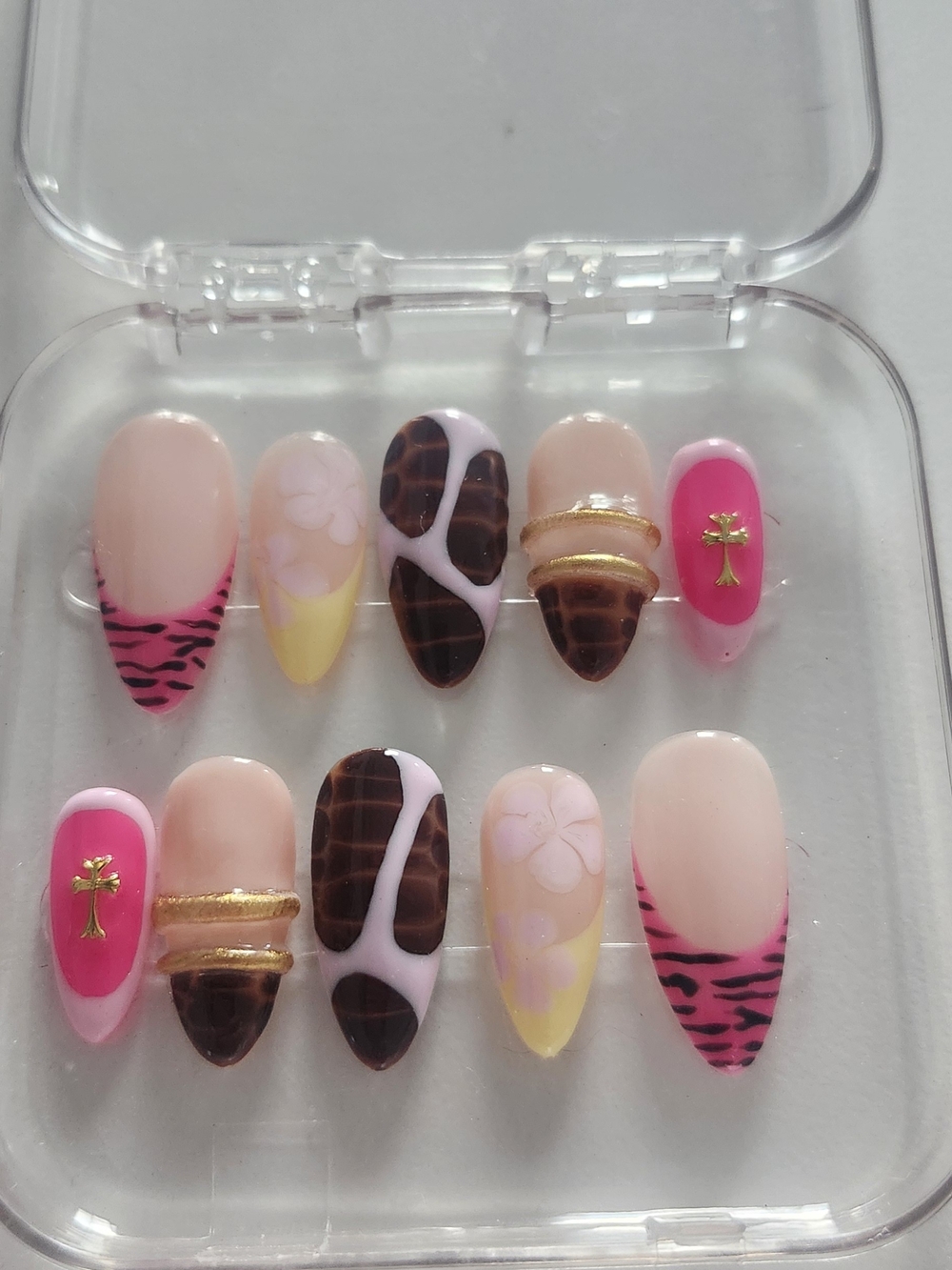 Hand Crafted Pink, Brown & Yellow Mixed Design Press-On Nails